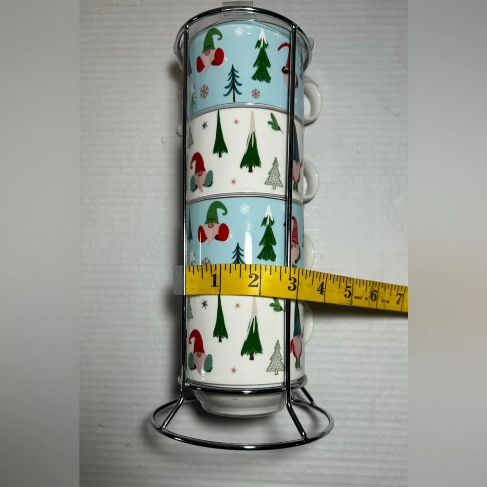 Sweet Living Collection‎ Stacking Set of 4 Mugs Christmas Gnomes Trees Rack New